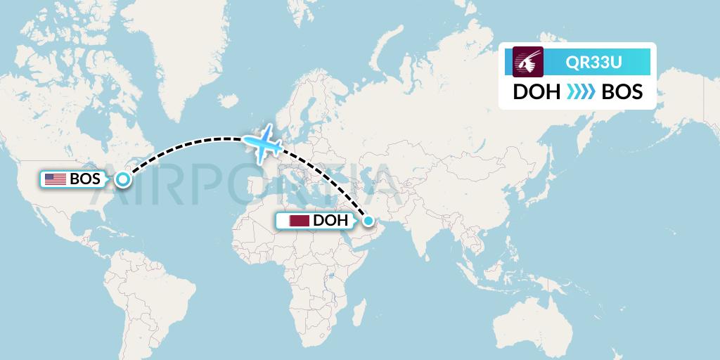 QR33U Qatar Airways Flight Map: Doha to Boston