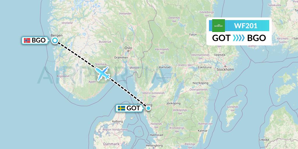 WF201 Wideroe Flight Map: Gothenburg to Bergen