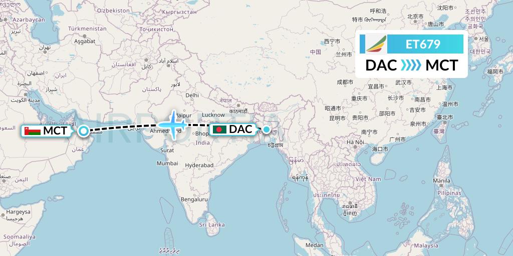 ET679 Ethiopian Airlines Flight Map: Dhaka to Muscat