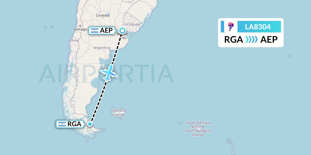 LA8304 LAN Airlines Flight Map: Rio Grande to Buenos Aires