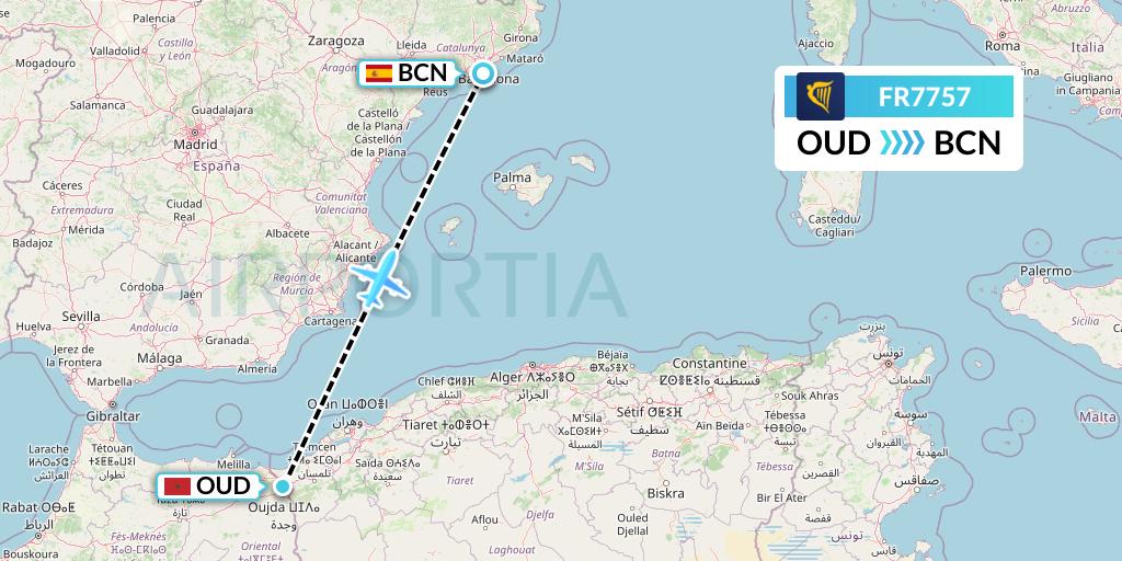 FR7757 Ryanair Flight Map: Oujda to Barcelona