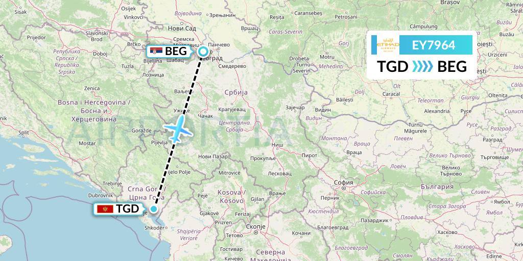 EY7964 Etihad Airways Flight Map: Podgorica to Belgrade