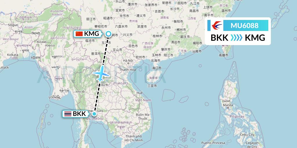 MU6088 China Eastern Airlines Flight Map: Bangkok to Kunming