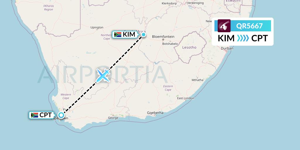 QR5667 Qatar Airways Flight Map: Kimberley to Cape Town