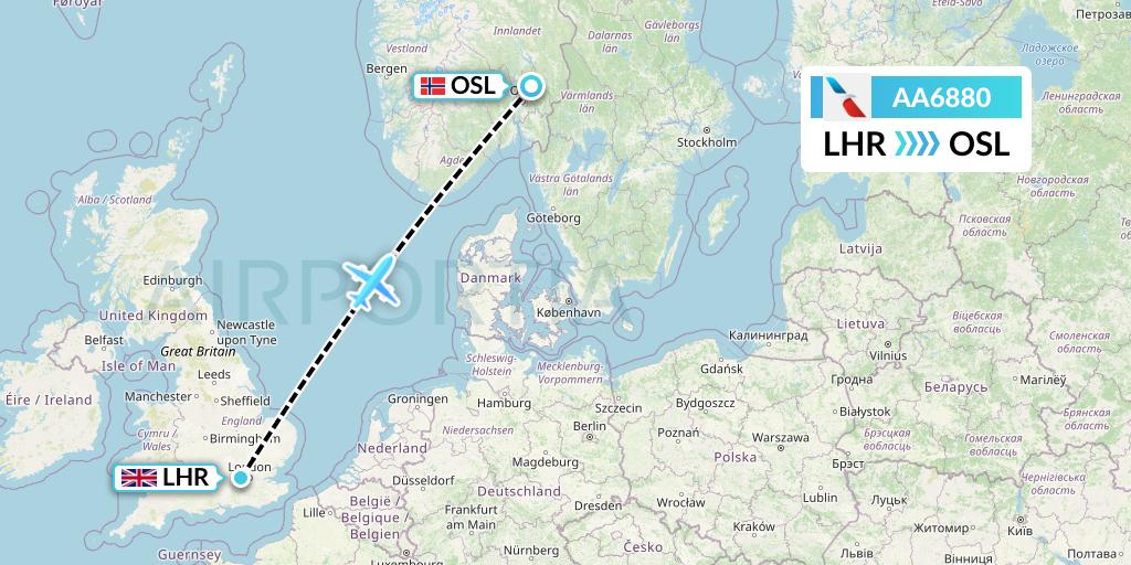AA6880 American Airlines Flight Map: London to Oslo