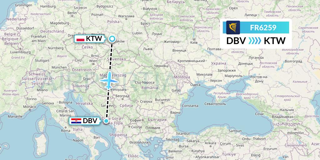 FR6259 Ryanair Flight Map: Dubrovnik to Katowice