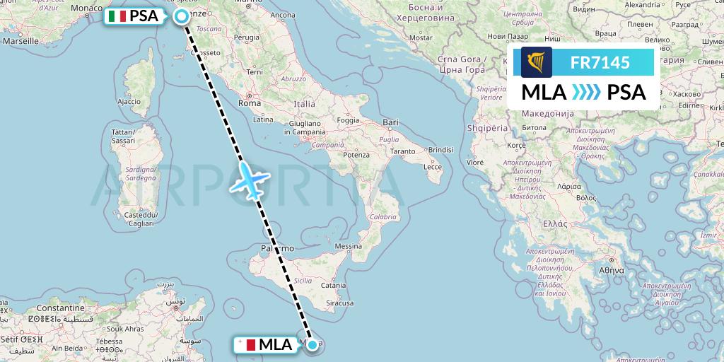 FR7145 Ryanair Flight Map: Malta to Pisa