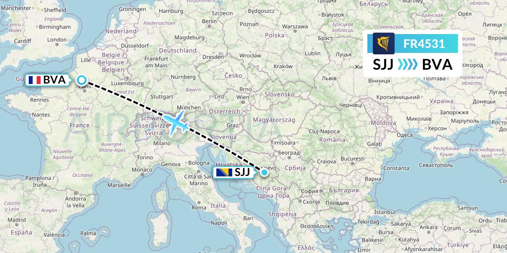 FR4531 Ryanair Flight Map: Sarajevo to Paris