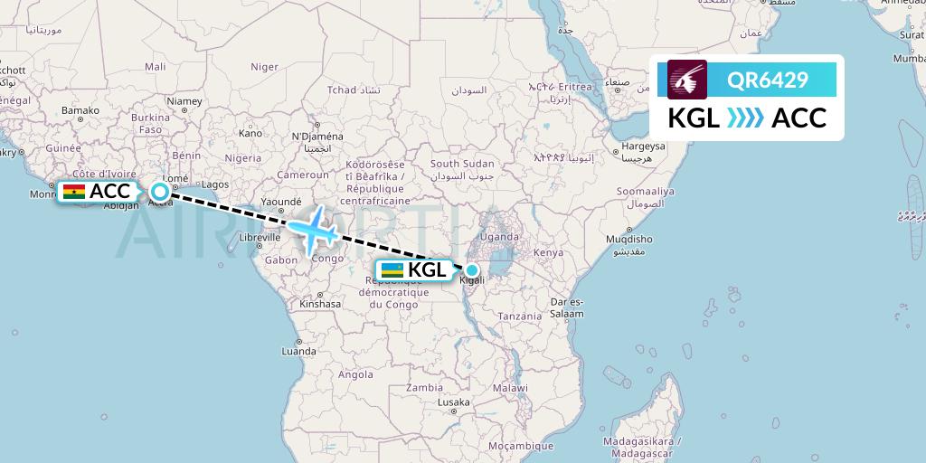 QR6429 Qatar Airways Flight Map: Kigali to Accra