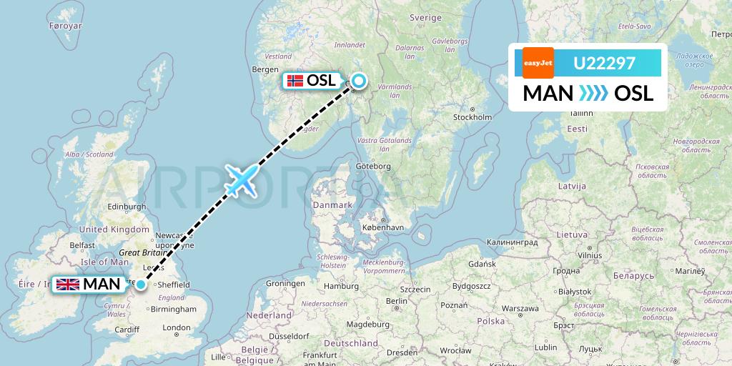 U22297 EasyJet Flight Map: Manchester to Oslo