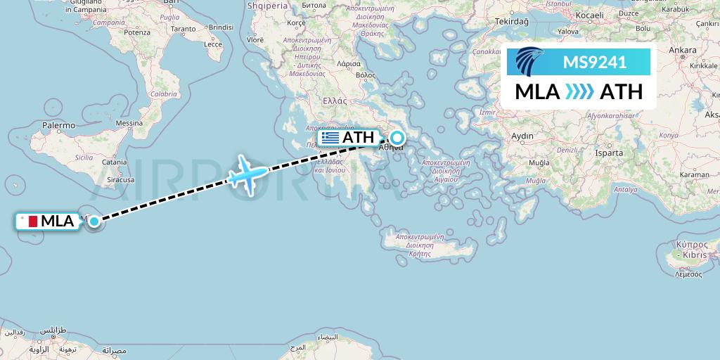 MS9241 EgyptAir Flight Map: Malta to Athens