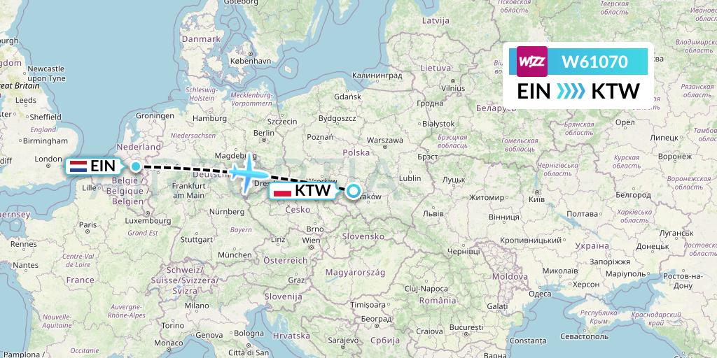 W61070 Wizz Air Flight Map: Eindhoven to Katowice