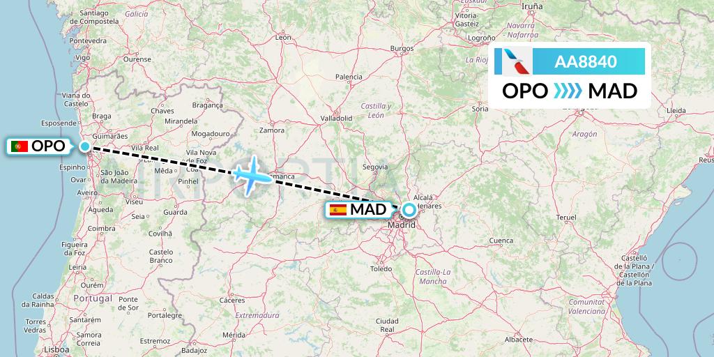 AA8840 American Airlines Flight Map: Porto to Madrid