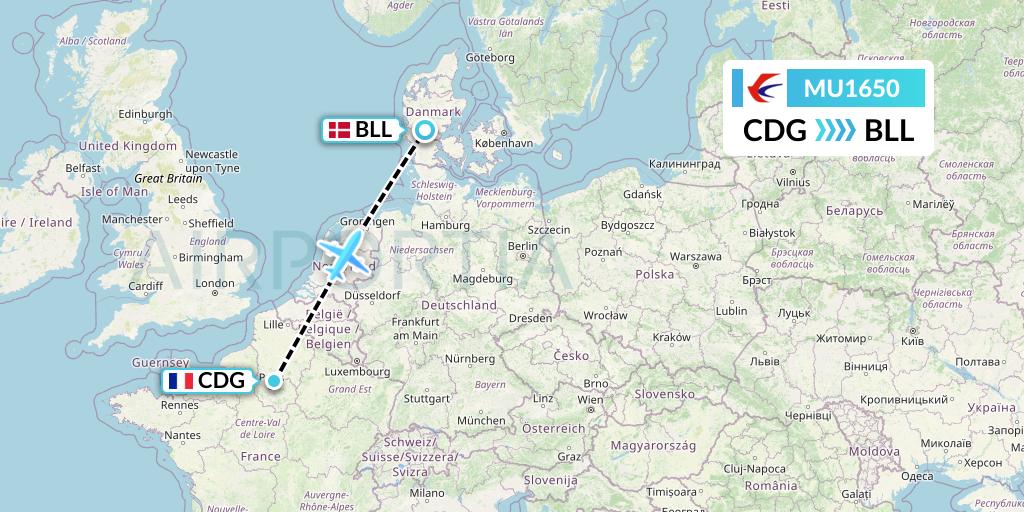 MU1650 China Eastern Airlines Flight Map: Paris to Billund
