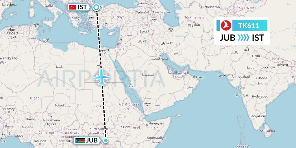 TK611 Turkish Airlines Flight Map: Juba to Istanbul