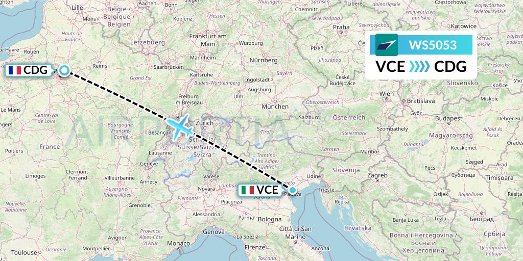 WS5053 WestJet Flight Map: Venice to Paris