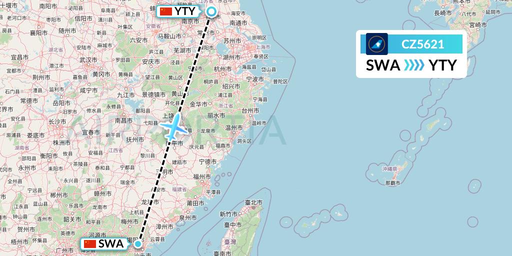 CZ5621 China Southern Airlines Flight Map: Jieyang to Yangzhou