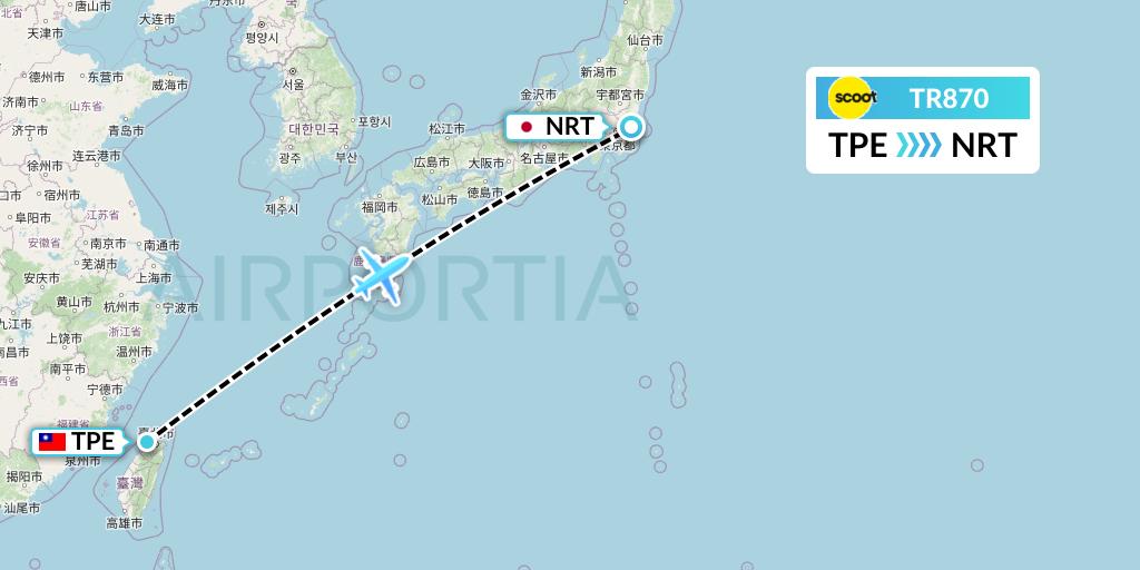 TR870 Tigerair Flight Map: Taipei to Tokyo
