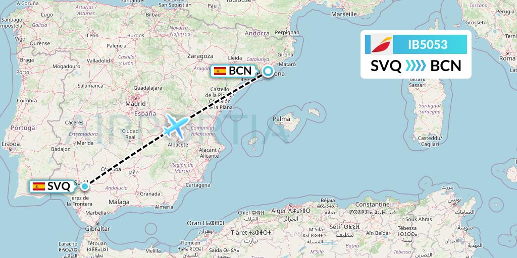 IB5053 Iberia Flight Map: Seville to Barcelona