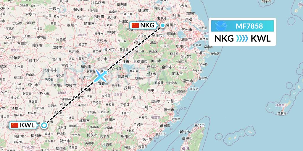 MF7858 Xiamen Airlines Flight Map: Nanjing to Guilin