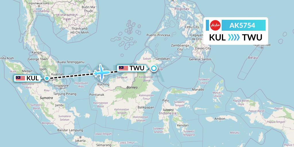 AK5754 AirAsia Flight Map: Kuala Lumpur to Tawau