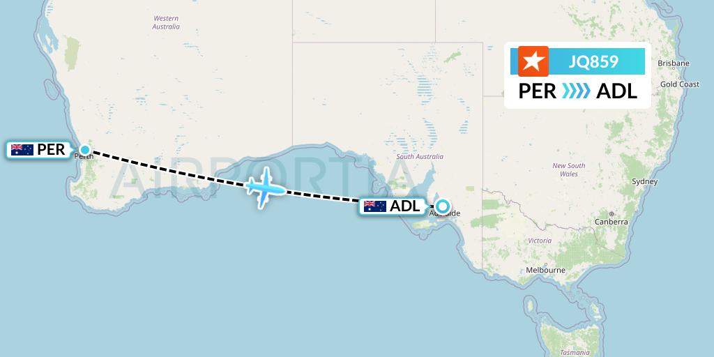 JQ859 Jetstar Airways Flight Map: Perth to Adelaide