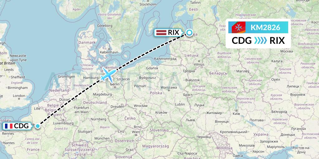 KM2826 Air Malta Flight Map: Paris to Riga