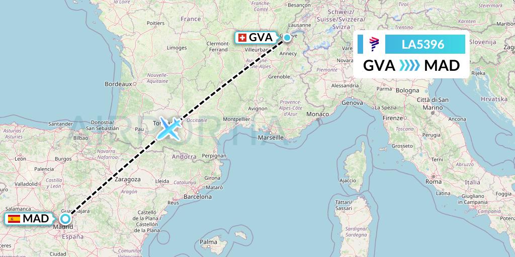 LA5396 LAN Airlines Flight Map: Geneva to Madrid