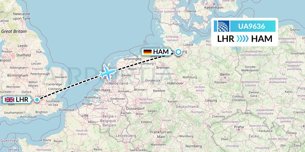 UA9636 United Airlines Flight Map: London to Hamburg