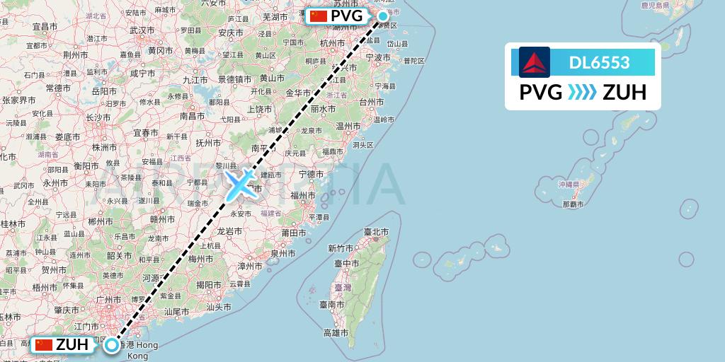 DL6553 Delta Air Lines Flight Map: Shanghai to Zhuhai