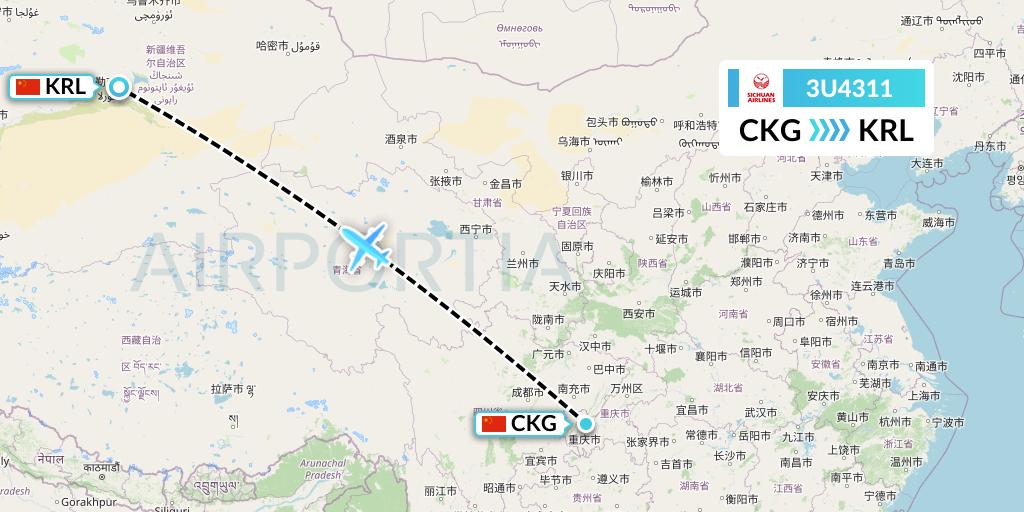 3U4311 Sichuan Airlines Flight Map: Chongqing to Korla