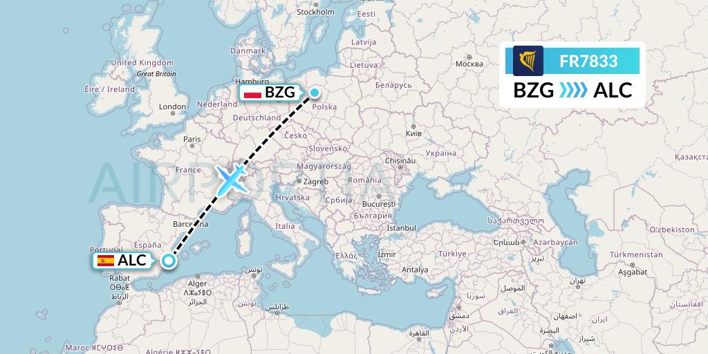 FR7833 Ryanair Flight Map: Bydgoszcz to Alicante