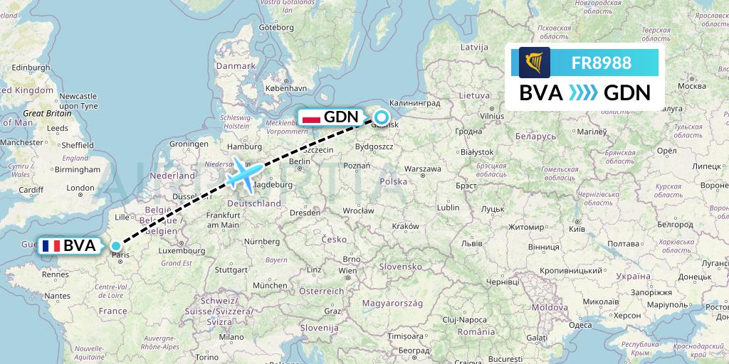 FR8988 Ryanair Flight Map: Paris to Gdansk