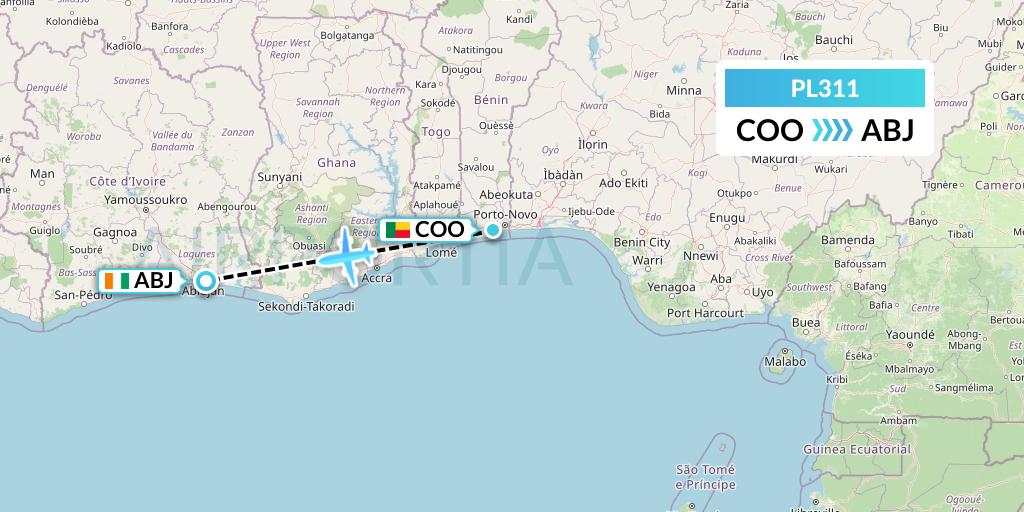 PL311 Southern Air Charter Flight Map: Cotonou to Abidjan