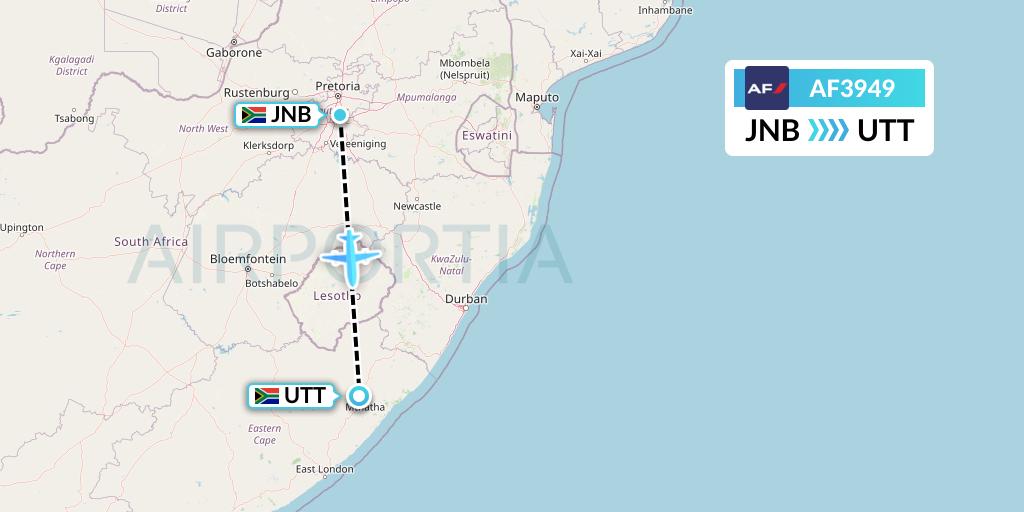 AF3949 Air France Flight Map: Johannesburg to Mthatha