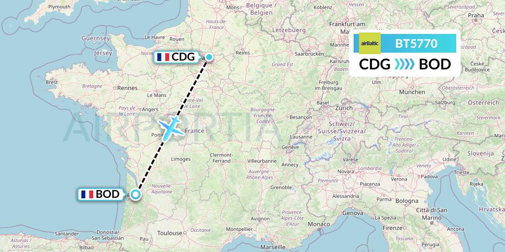 BT5770 Air Baltic Flight Map: Paris to Bordeaux
