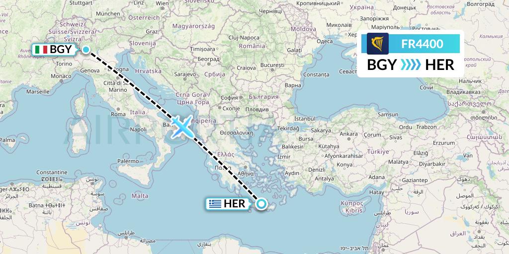 FR4400 Ryanair Flight Map: Milan to Heraklion