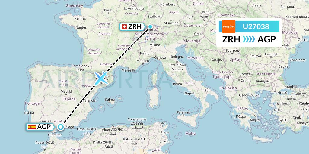 U27038 EasyJet Flight Map: Zurich to Malaga