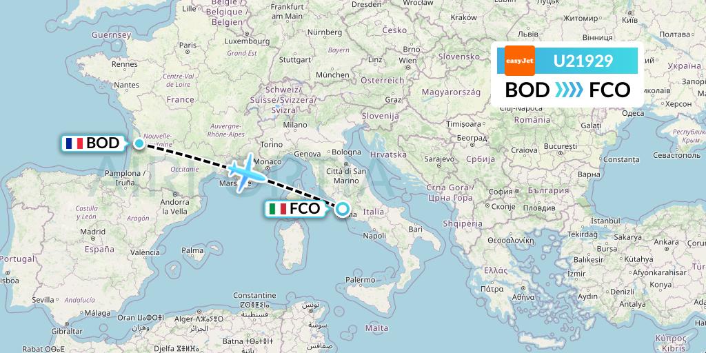 U21929 EasyJet Flight Map: Bordeaux to Rome