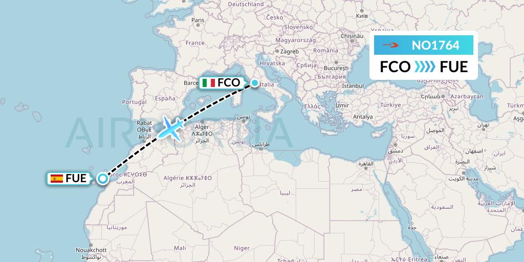 NO1764 Neos Flight Map: Rome to Fuerteventura