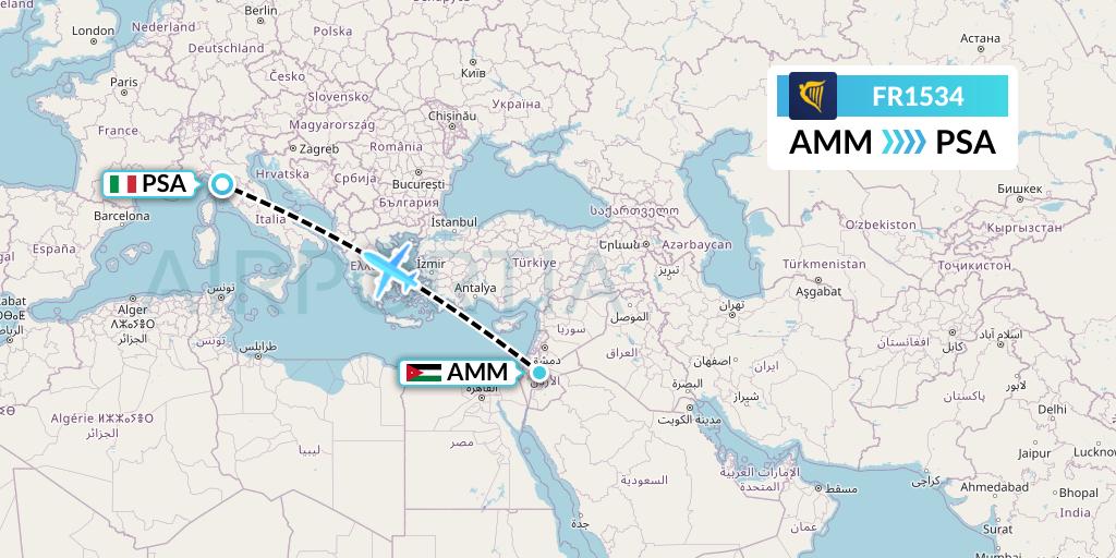 FR1534 Ryanair Flight Map: Amman to Pisa
