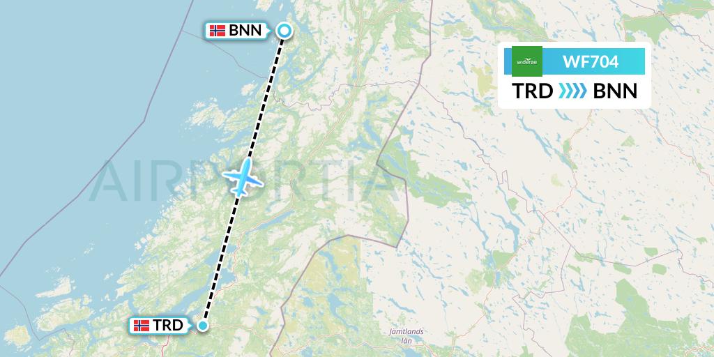 WF704 Wideroe Flight Map: Trondheim to Bronnoysund