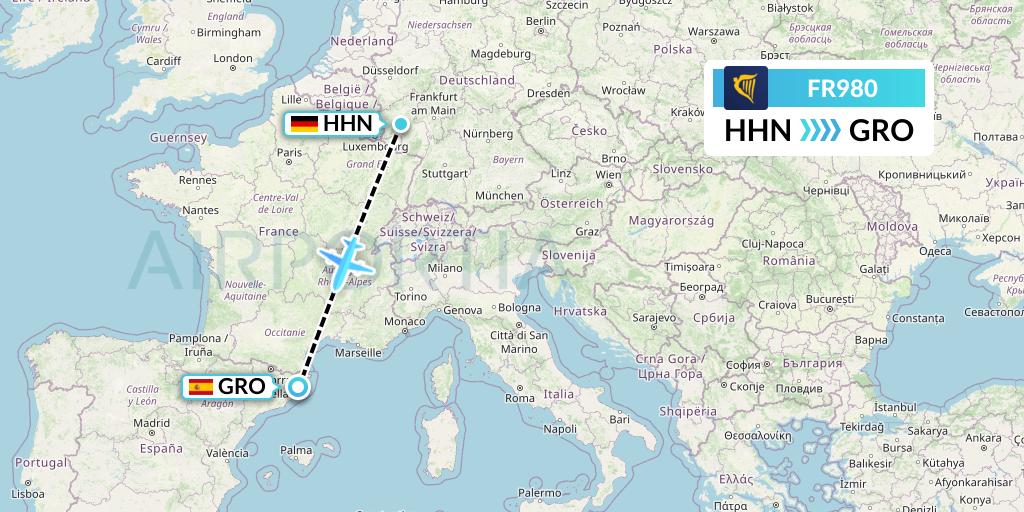 FR980 Ryanair Flight Map: Hahn to Girona