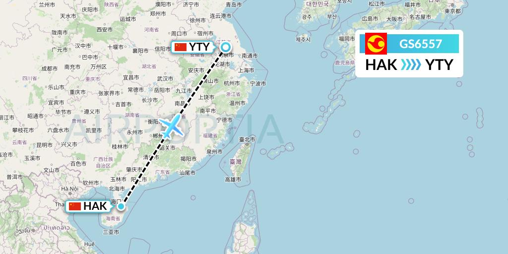 GS6557 Tianjin Airlines Flight Map: Haikou to Yangzhou