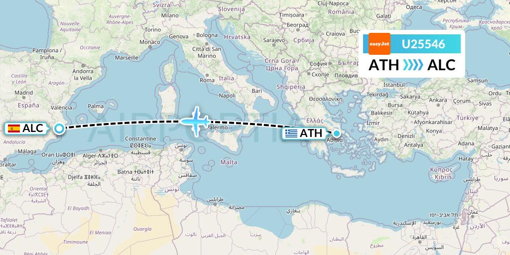 U25546 EasyJet Flight Map: Athens to Alicante