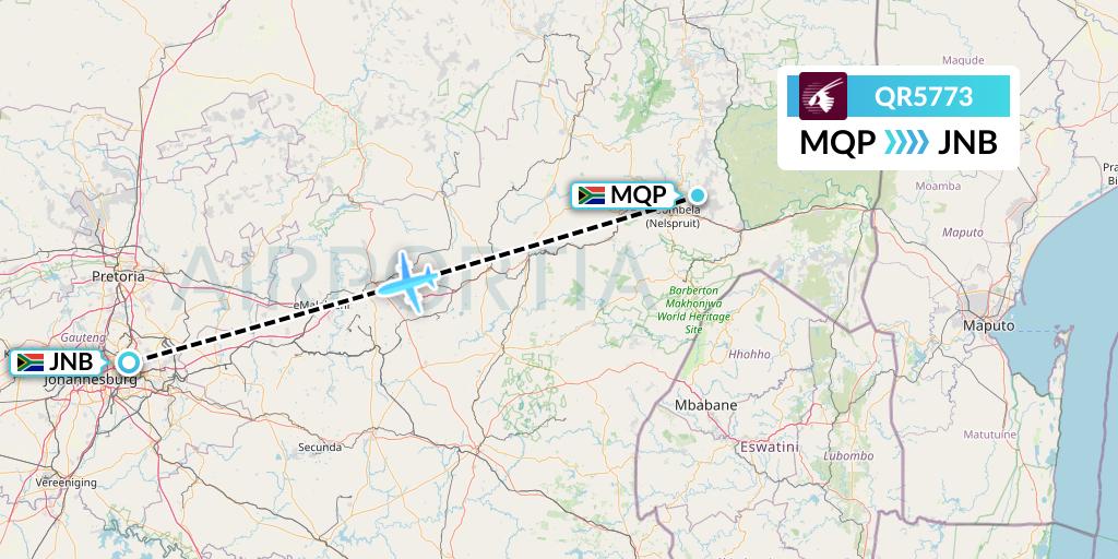 QR5773 Qatar Airways Flight Map: Nelspruit to Johannesburg
