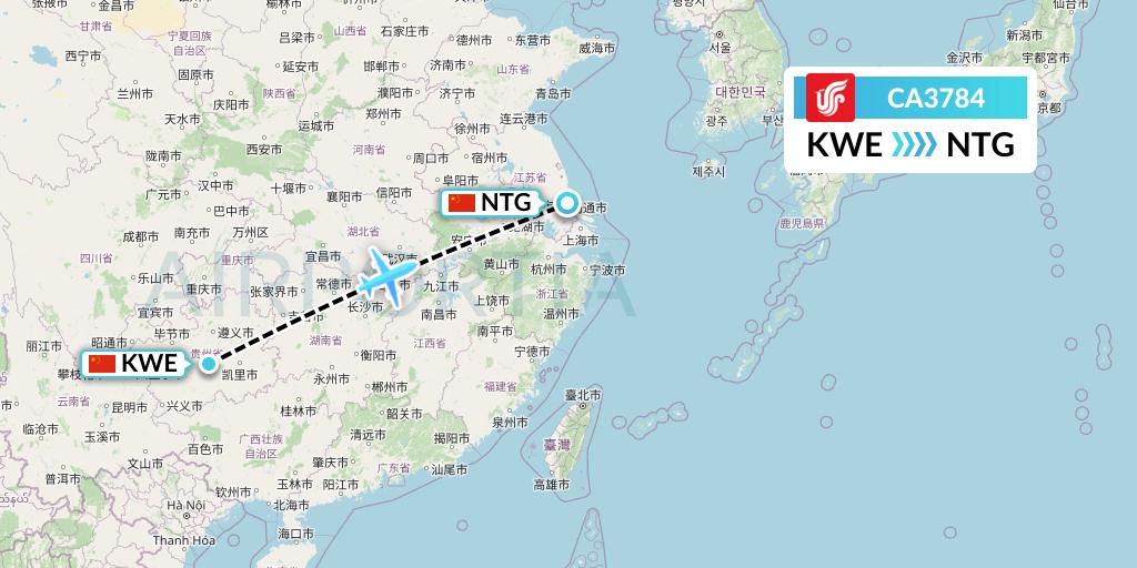 CA3784 Air China Flight Map: Guiyang to Nantong