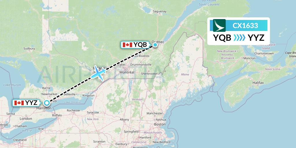 CX1633 Cathay Pacific Flight Map: Quebec to Toronto