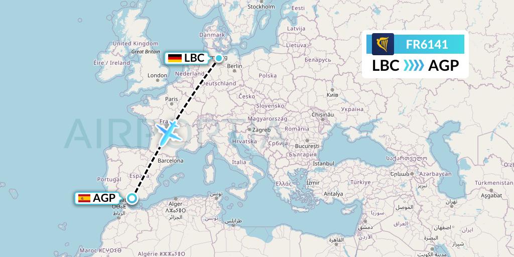 FR6141 Ryanair Flight Map: Lubeck to Malaga