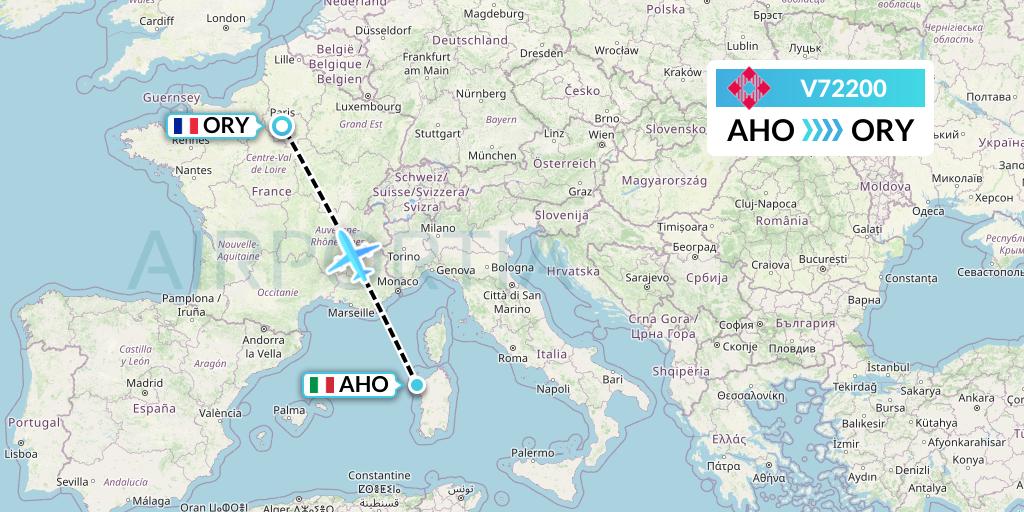 V72200 Volotea Flight Map: Alghero to Paris